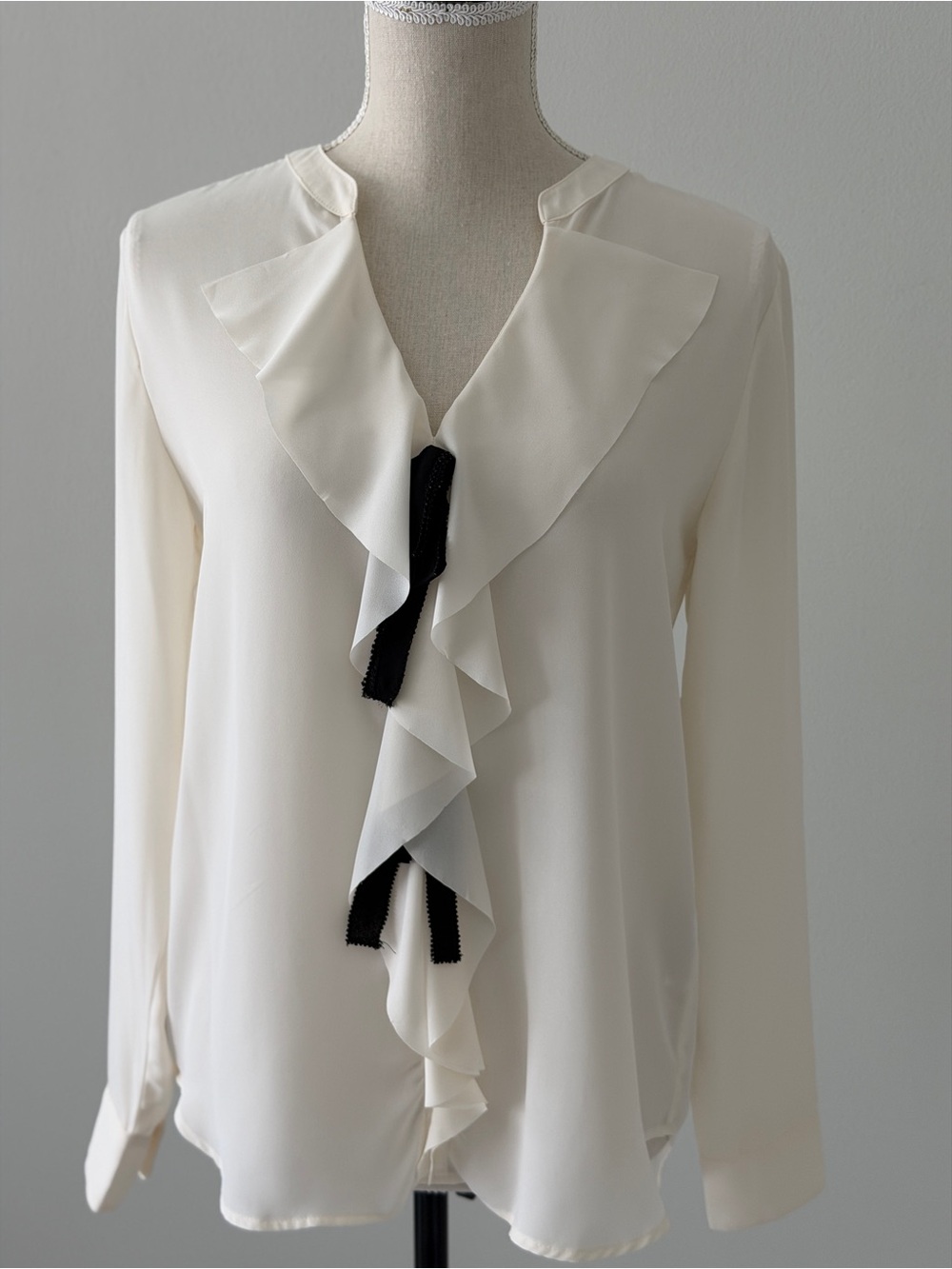 Banana Republic Ivory Ruffle Front Blouse with Black Trim